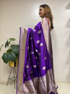 Purple Handloom Banarasi Pure Katan Silk Flower Design Meenakari Kadwa Saree - Luxurion World