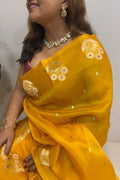 Yellow Handloom Banarasi Pure Organza Silk Flower Design Meenkari Saree - Luxurion World