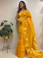 Yellow Handloom Banarasi Pure Organza Silk Flower Design Meenkari Saree - Luxurion World