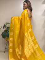 Yellow Handloom Banarasi Pure Organza Silk Flower Design Meenkari Saree - Luxurion World
