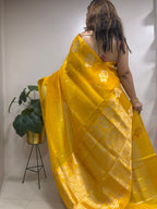 Yellow Handloom Banarasi Pure Organza Silk Flower Design Meenkari Saree - Luxurion World