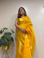 Yellow Handloom Banarasi Pure Organza Silk Flower Design Meenkari Saree - Luxurion World
