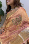 Peach Handloom Banarasi Pure Tissue Silk Embroidered Saree - Luxurion World