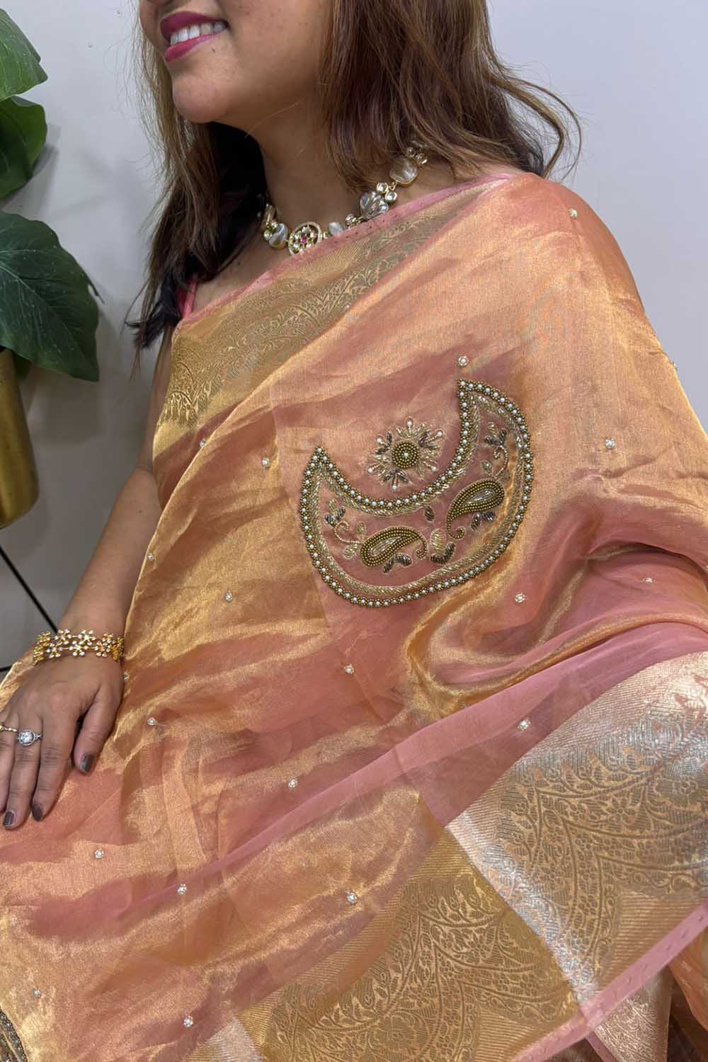 Peach Handloom Banarasi Pure Tissue Silk Embroidered Saree - Luxurion World