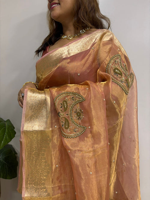 Peach Handloom Banarasi Pure Tissue Silk Embroidered Saree - Luxurion World
