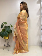Peach Handloom Banarasi Pure Tissue Silk Embroidered Saree - Luxurion World