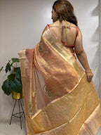 Peach Handloom Banarasi Pure Tissue Silk Embroidered Saree - Luxurion World