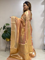 Peach Handloom Banarasi Pure Tissue Silk Embroidered Saree - Luxurion World