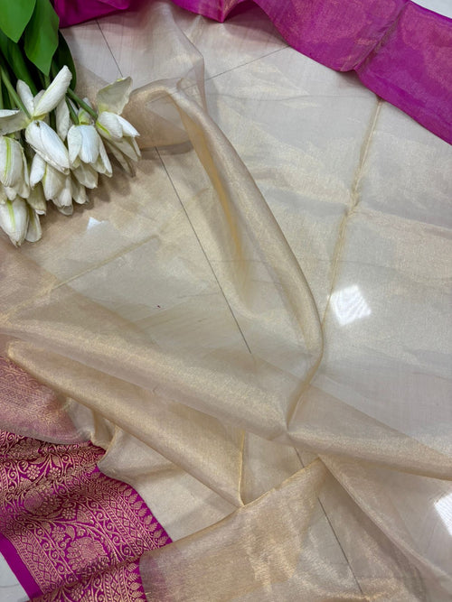 Golden Handloom Banarasi Pure Tissue Silk Booti Design Saree - Luxurion World