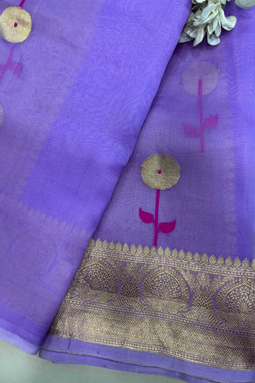 Purple Handloom Banarasi Organza Meenakari Kadwa Saree - Luxurion World
