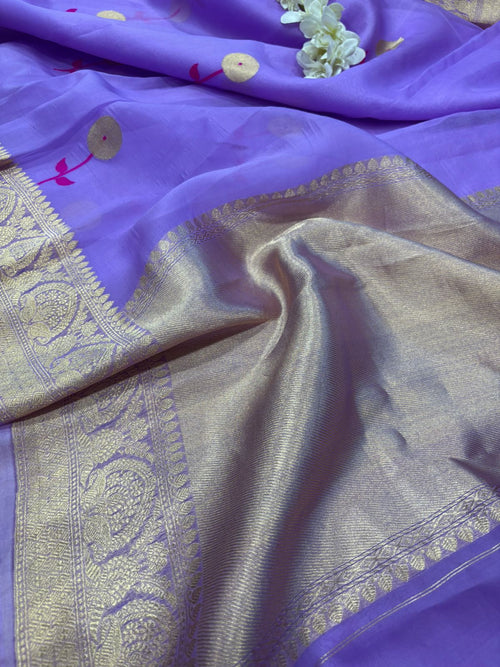 Purple Handloom Banarasi Organza Meenakari Kadwa Saree - Luxurion World