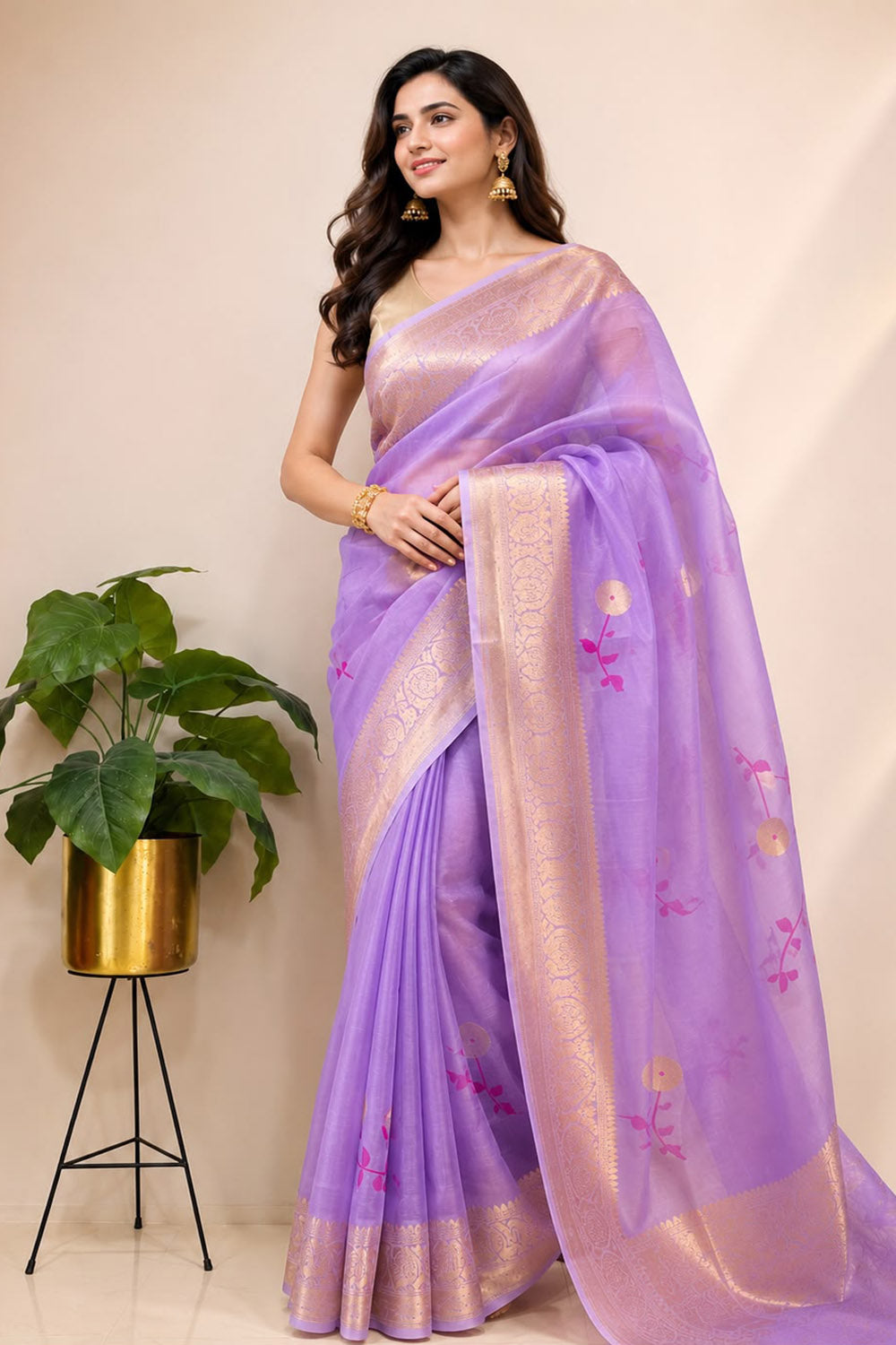 Purple Handloom Banarasi Organza Meenakari Kadwa Saree