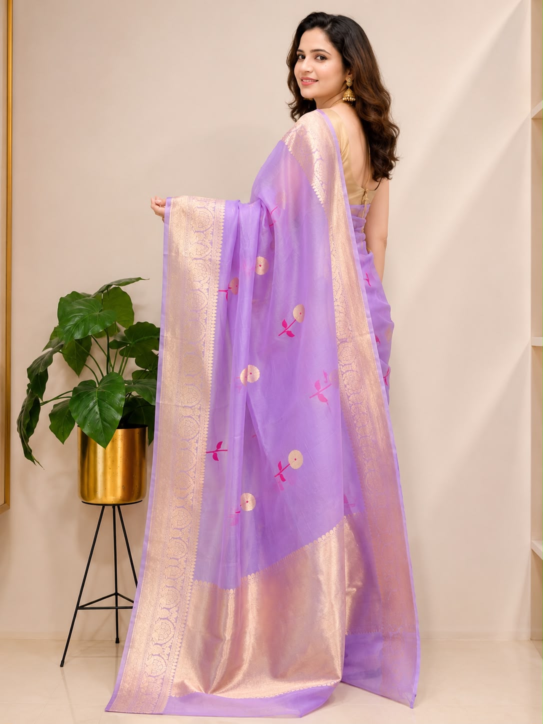 Purple Handloom Banarasi Organza Meenakari Kadwa Saree