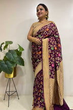 Maroon Handloom Banarasi Georgette Meenakari Flower Design Saree - Luxurion World