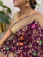 Maroon Handloom Banarasi Georgette Meenakari Flower Design Saree - Luxurion World