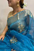 Blue Handloom Banarasi Pure Tissue Silk Embroidered Saree - Luxurion World