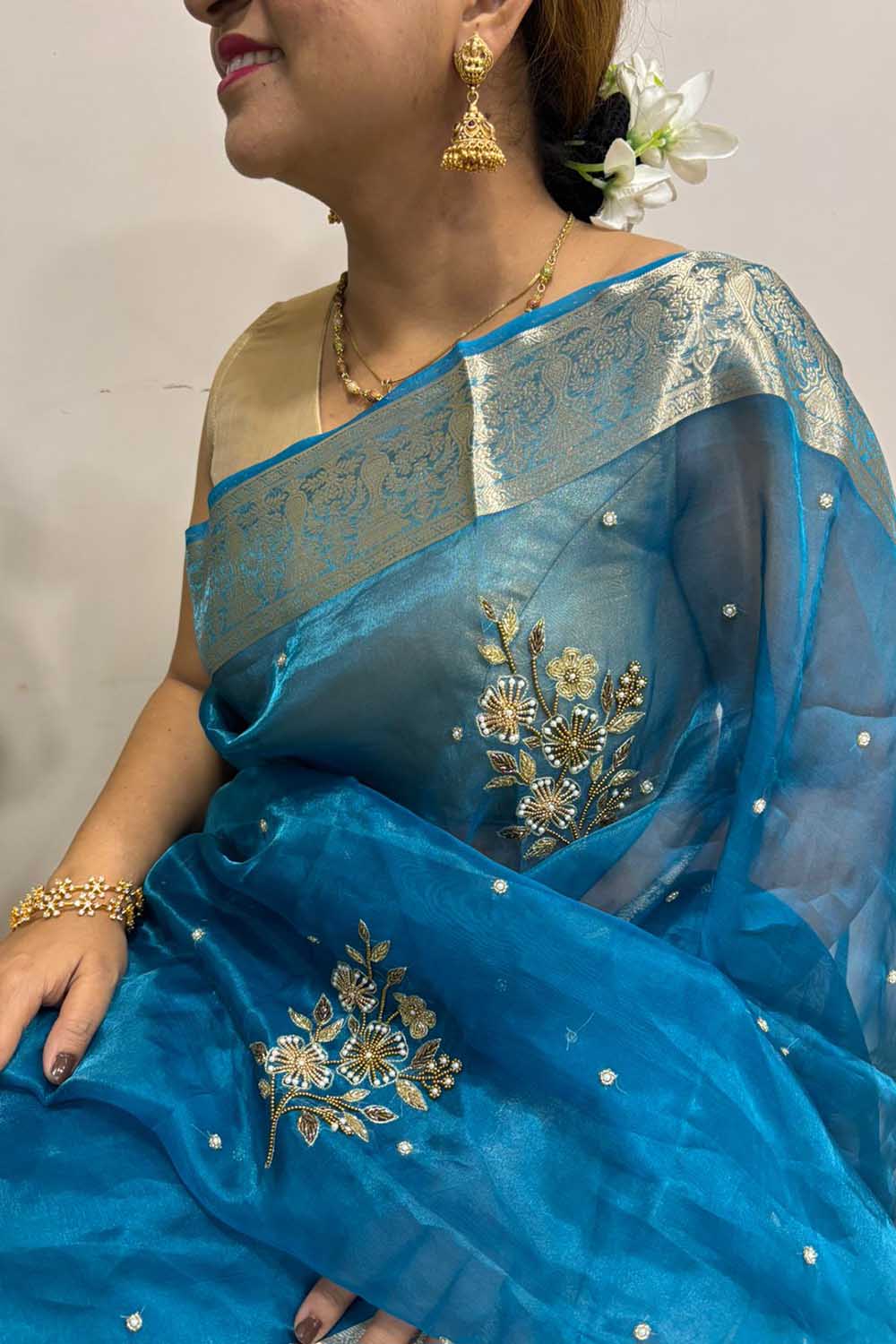 Blue Handloom Banarasi Pure Tissue Silk Embroidered Saree - Luxurion World