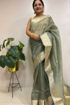 Grey Handloom Banarasi Organza Silk Small Booti Design Saree - Luxurion World