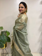 Grey Handloom Banarasi Organza Silk Small Booti Design Saree - Luxurion World