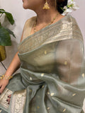 Grey Handloom Banarasi Organza Silk Small Booti Design Saree - Luxurion World