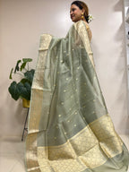 Grey Handloom Banarasi Organza Silk Small Booti Design Saree - Luxurion World
