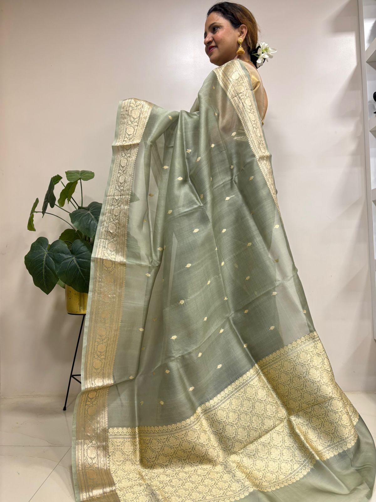 Grey Handloom Banarasi Organza Silk Small Booti Design Saree - Luxurion World