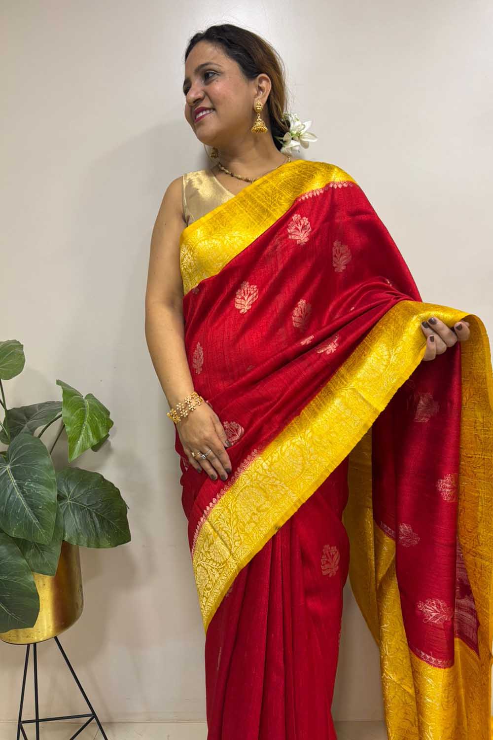Red And Yellow Handloom Banarasi Raw Silk Saree - Luxurion World