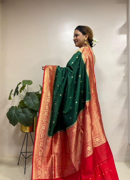 Green Handloom Banarasi Raw Mango Pure Silk Saree - Luxurion World