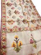 Off White Pure Banarasi Jamdani Handloom Real Zari Chauth Meenakari Cotton Saree - Luxurion World