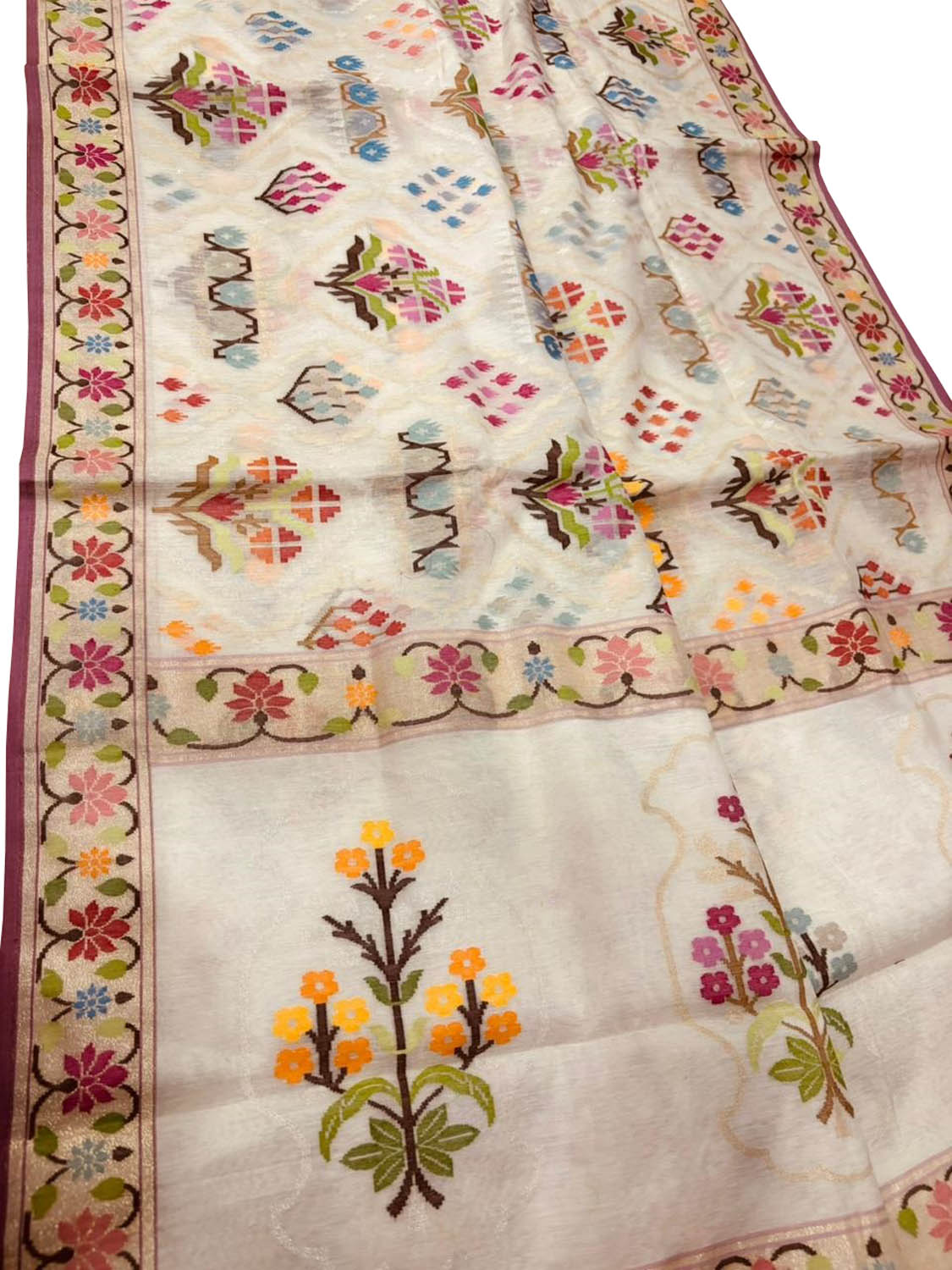 Off White Pure Banarasi Jamdani Handloom Real Zari Chauth Meenakari Cotton Saree - Luxurion World