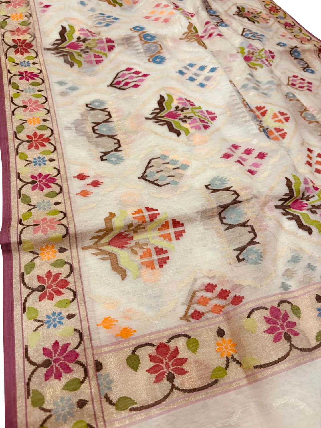 Off White Pure Banarasi Jamdani Handloom Real Zari Chauth Meenakari Cotton Saree - Luxurion World