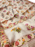 Off White Pure Banarasi Jamdani Handloom Real Zari Chauth Meenakari Cotton Saree - Luxurion World
