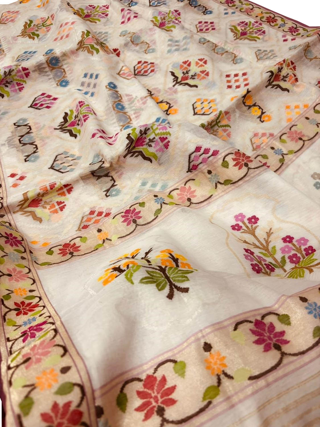 Off White Pure Banarasi Jamdani Handloom Real Zari Chauth Meenakari Cotton Saree - Luxurion World