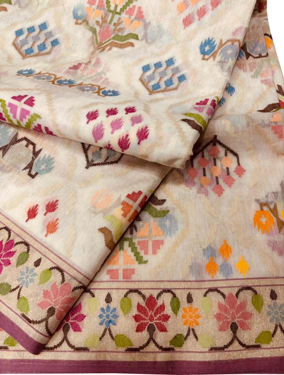 Off White Pure Banarasi Jamdani Handloom Real Zari Chauth Meenakari Cotton Saree - Luxurion World