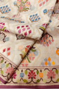 Off White Pure Banarasi Jamdani Handloom Real Zari Chauth Meenakari Cotton Saree - Luxurion World
