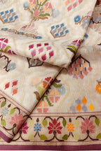 Off White Pure Banarasi Jamdani Handloom Real Zari Chauth Meenakari Cotton Saree - Luxurion World
