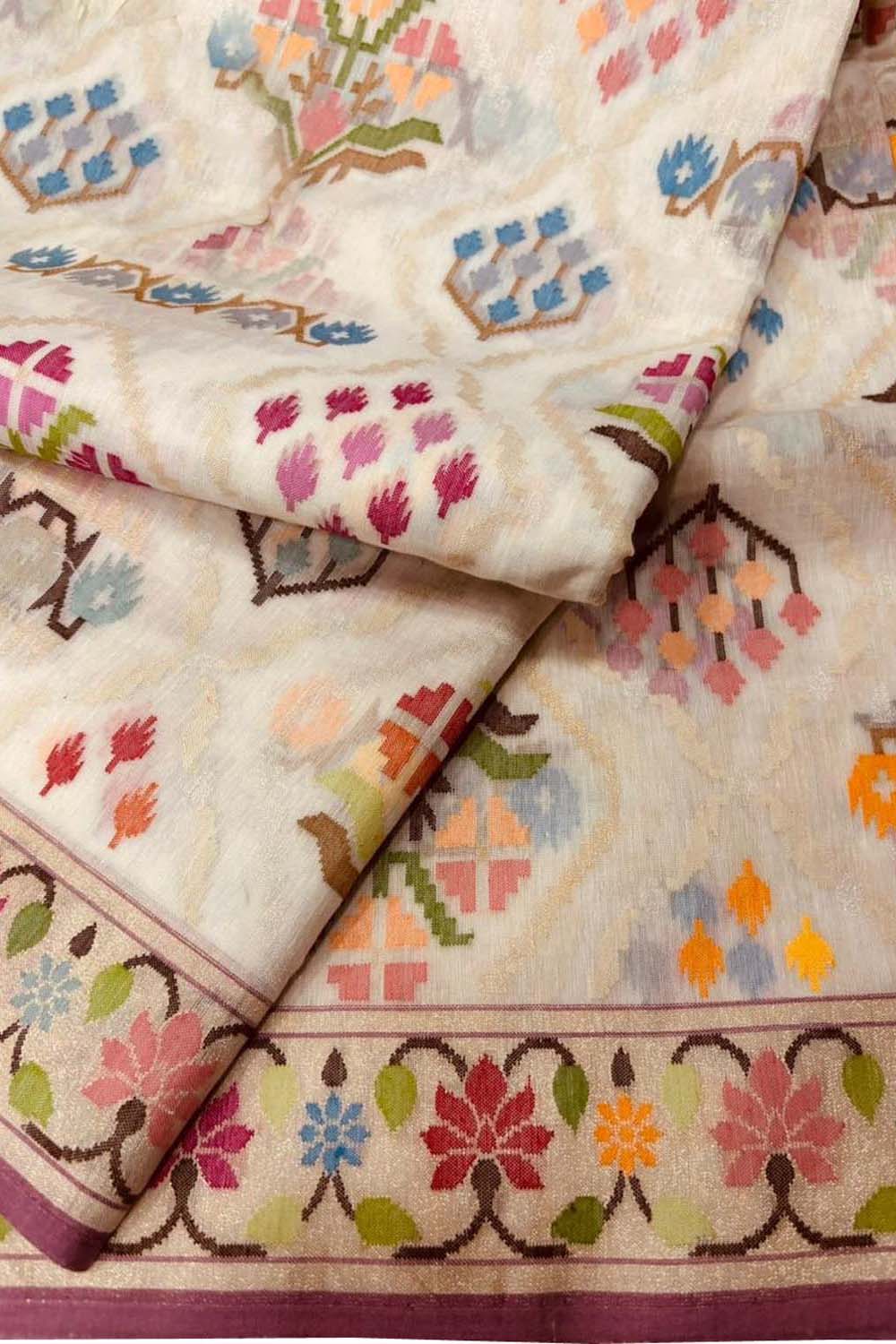 Off White Pure Banarasi Jamdani Handloom Real Zari Chauth Meenakari Cotton Saree - Luxurion World