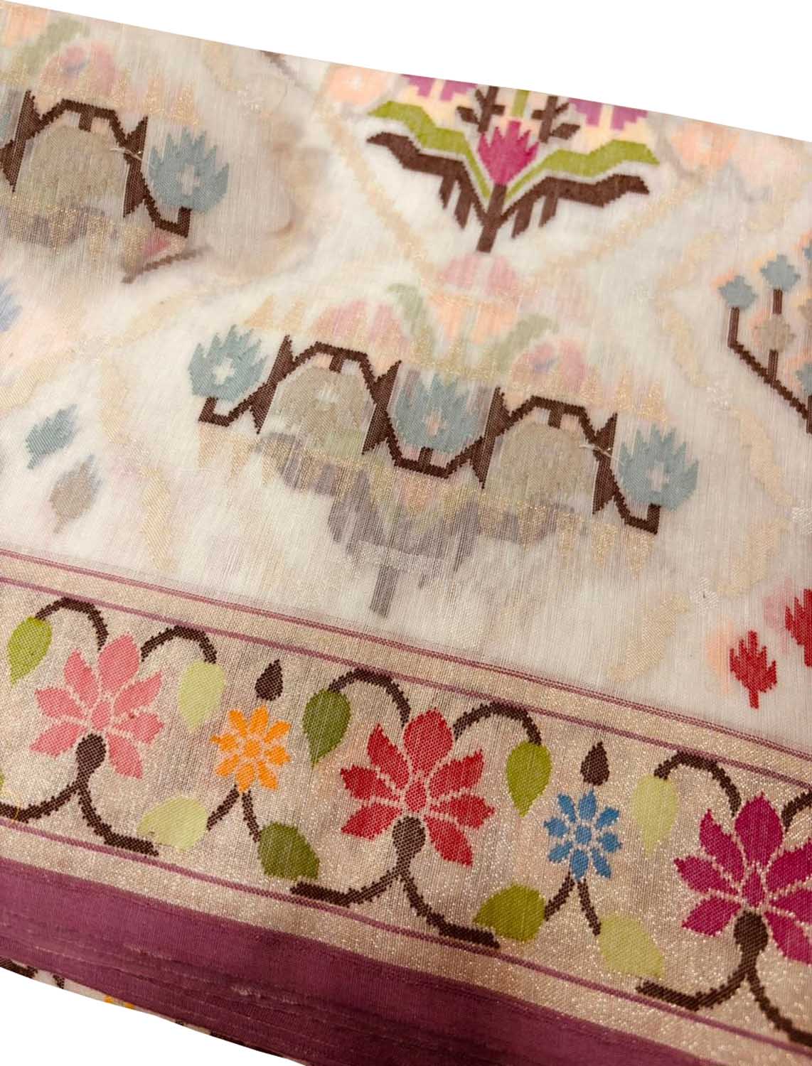Off White Pure Banarasi Jamdani Handloom Real Zari Chauth Meenakari Cotton Saree - Luxurion World