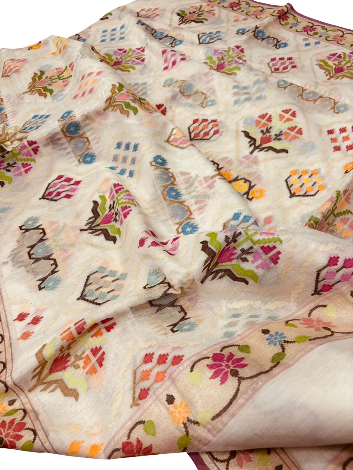Off White Pure Banarasi Jamdani Handloom Real Zari Chauth Meenakari Cotton Saree - Luxurion World