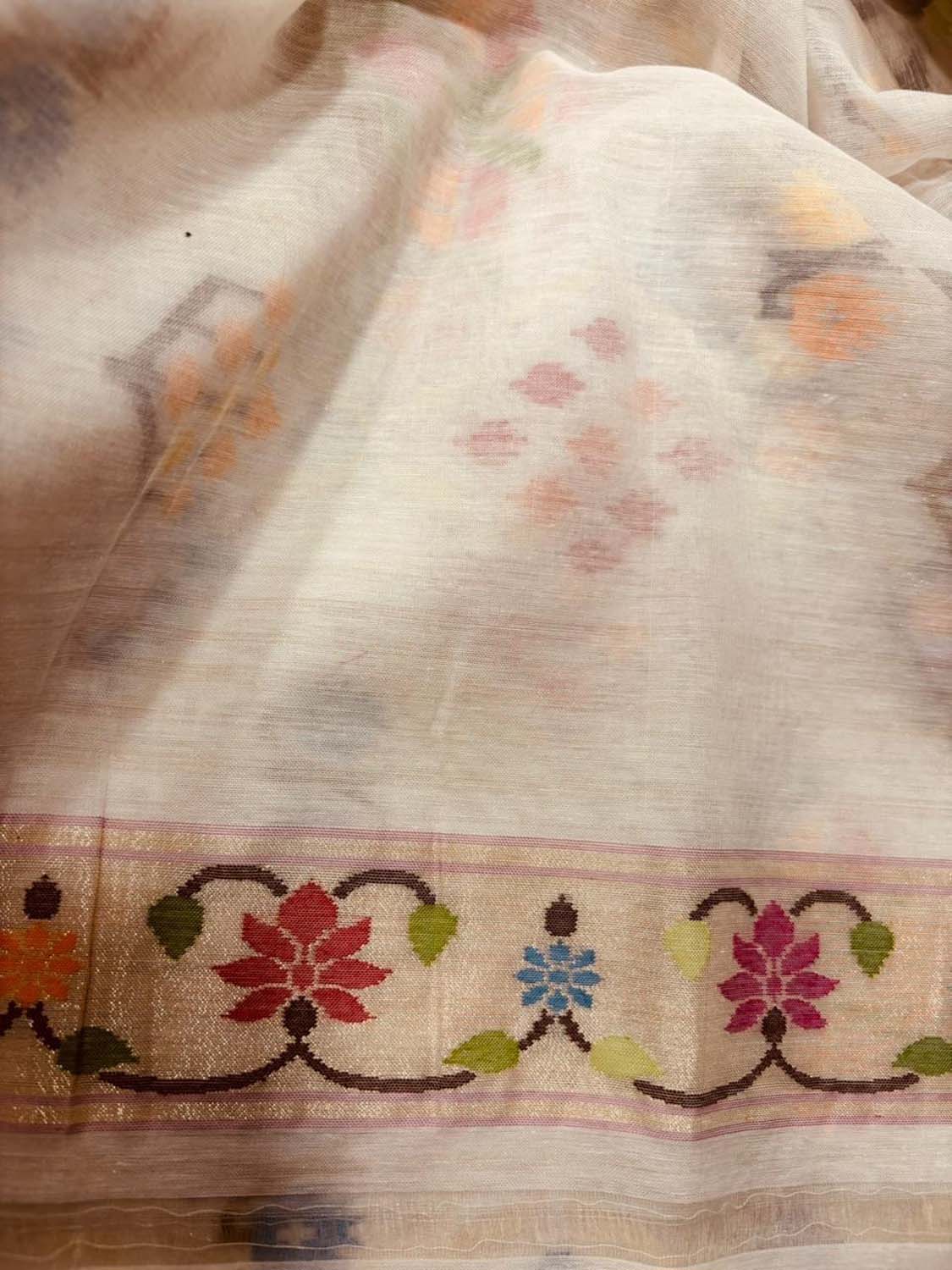 Off White Pure Banarasi Jamdani Handloom Real Zari Chauth Meenakari Cotton Saree - Luxurion World