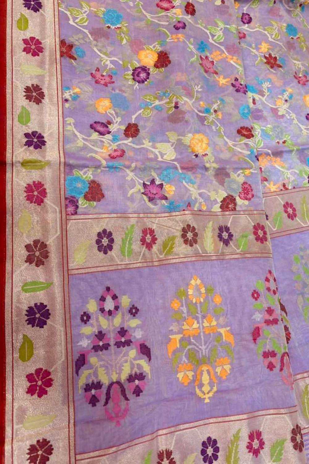 Purple Pure Banarasi Jamdani Handloom Real Zari Chauth Meenakari Cotton Saree - Luxurion World