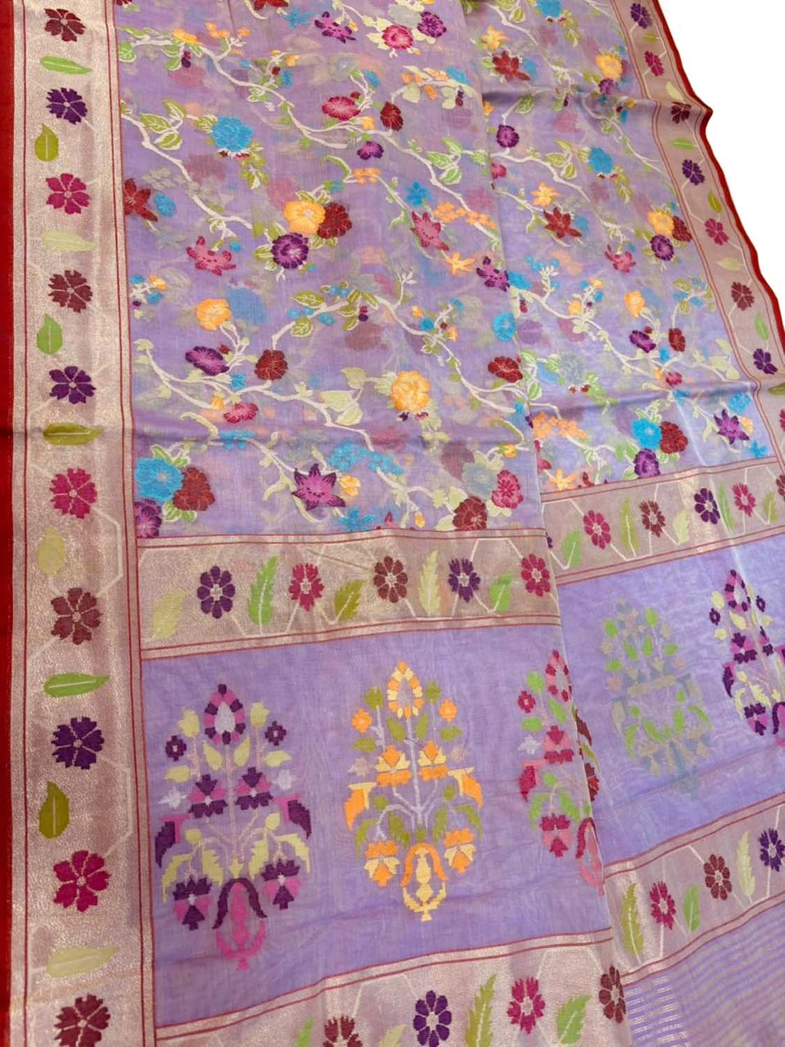 Purple Pure Banarasi Jamdani Handloom Real Zari Chauth Meenakari Cotton Saree - Luxurion World