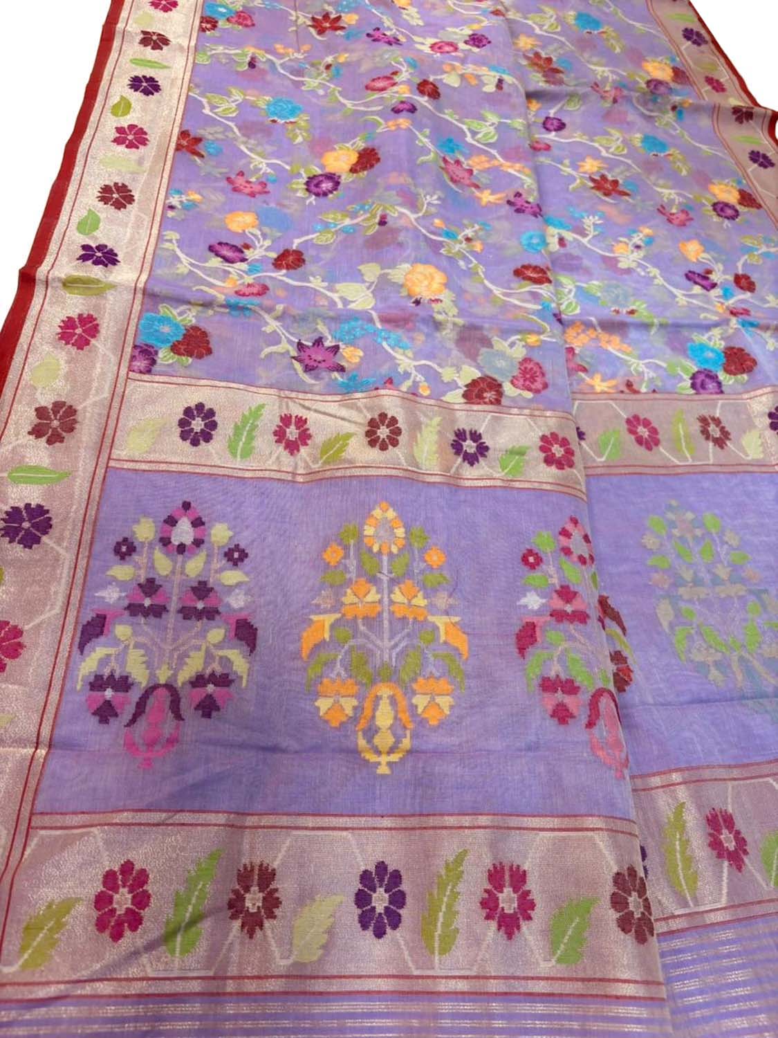 Purple Pure Banarasi Jamdani Handloom Real Zari Chauth Meenakari Cotton Saree - Luxurion World