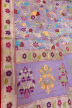 Purple Pure Banarasi Jamdani Handloom Real Zari Chauth Meenakari Cotton Saree - Luxurion World