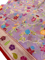 Purple Pure Banarasi Jamdani Handloom Real Zari Chauth Meenakari Cotton Saree - Luxurion World