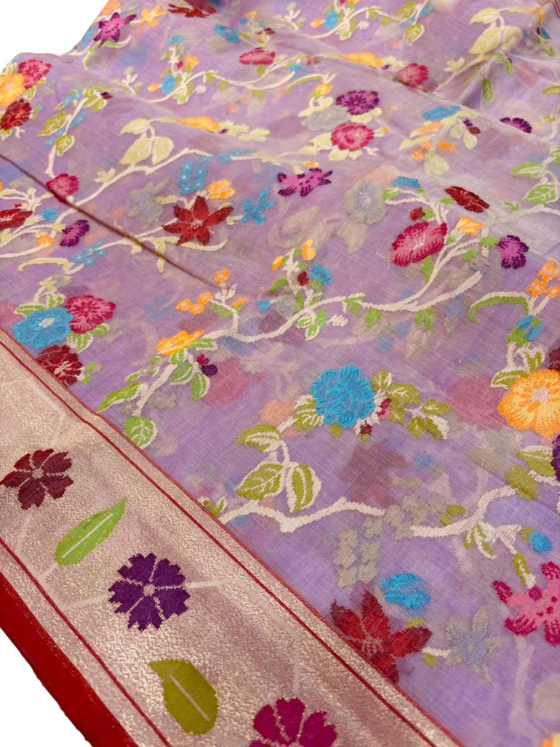 Purple Pure Banarasi Jamdani Handloom Real Zari Chauth Meenakari Cotton Saree - Luxurion World