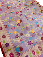 Purple Pure Banarasi Jamdani Handloom Real Zari Chauth Meenakari Cotton Saree - Luxurion World
