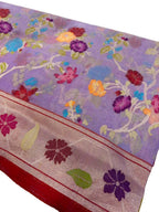 Purple Pure Banarasi Jamdani Handloom Real Zari Chauth Meenakari Cotton Saree - Luxurion World