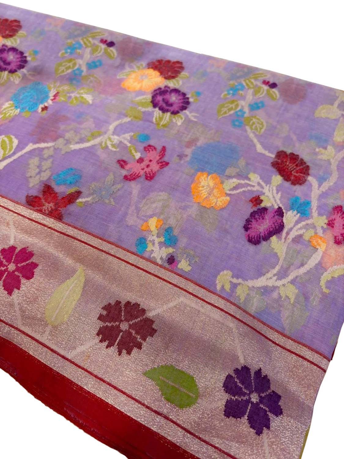 Purple Pure Banarasi Jamdani Handloom Real Zari Chauth Meenakari Cotton Saree - Luxurion World