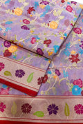Purple Pure Banarasi Jamdani Handloom Real Zari Chauth Meenakari Cotton Saree - Luxurion World